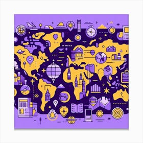 World Icons: A Simple and Inspiring Illustration of Famous Landmarks and Symbols on a World Map in Purple and Yellow Colors Canvas Print