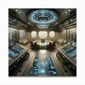 Impressive 3d Digital Art Showcasing Realistic Room Interiors Of Futuristic Spaceships With Photorealistic Textures, Shaders, And Lighting Poised At An Interesting Angle To Highlight Intricate Panels And Displays Canvas Print