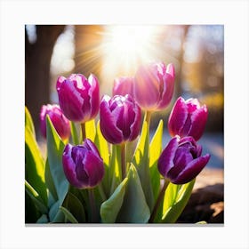 Bouquet Of Vibrant Purple Tulips Rising Toward A Majestic Sun In A Lush Spring Park Three Graceful 2 1 Canvas Print