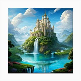 Whimsical Castle Perched On A Collection Of Floating Islands Cascading Waterfalls Spilling From One Canvas Print