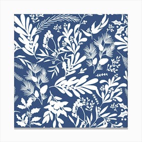 Christmas Botanical Leaves - Blue White Canvas Print