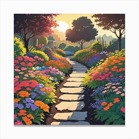 Colorful Landscape Painting With Flowering Daisies In Naive Art Style (2) Canvas Print