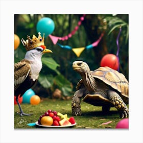 King Of The Birds In The Party Approaching Tortoise Looking Stern And Disapproving (1) Canvas Print