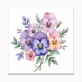 A Watercolor Bouquet Of Violets And Pansies In Soft Shades Canvas Print