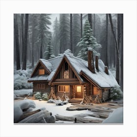 Small wooden hut inside a dense forest of pine trees with falling snow 9 Canvas Print