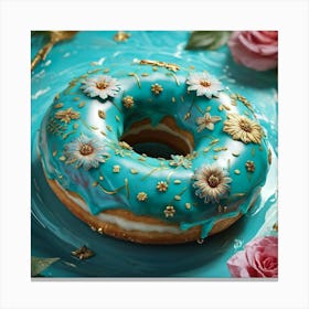 Turquoise Donut Adorned With Intricate Floral Patterns Highlighted With Gold Trim Capturing From Canvas Print