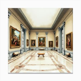 French Art Museum In Watercolor With Famous Paintings And Marble Floors 1 Canvas Print