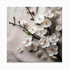 Firefly Plum Blossoms Scattered Across A Soft Linen Textured Canvas, With Simple Branches In Matte B (1) Canvas Print