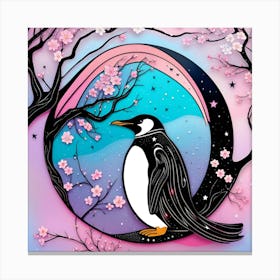 Penguin With Cherry Blossoms Canvas Print