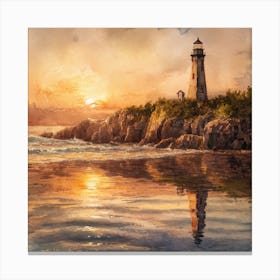 Serene Sunset A Captivating Watercolor Of A Coastal Lighthouse And Tranquil Ocean (3) Canvas Print