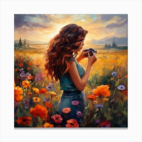 Girl Taking A Picture Of Flowers Canvas Print