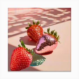 Three Strawberries On A Pink Surface With Disco and Shadows Canvas Print