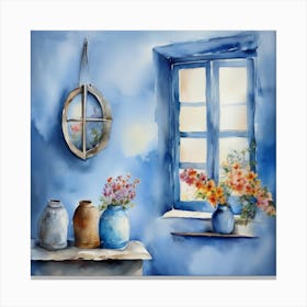 Blue wall. Open window. From inside an old-style room. Silver in the middle. There are several small pottery jars next to the window. There are flowers in the jars Spring oil colors. Wall painting.54 Canvas Print