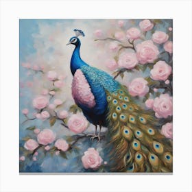 Peacock With Pink Roses Canvas Print