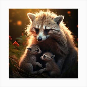 Raccoon With Cubs, A Mother Animal Caring For Her Young Illustrating Nurturing And Love Canvas Print