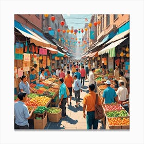 Illustration Of A Vibrant Life In Street Markets Focusing On The Vendors The Variety Of Goods And Th 2640923043 Canvas Print