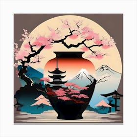 Flower Vase Decorated with Japanese, Brown, Red and Pink Landscape Canvas Print