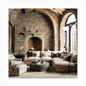 Living Room With Stone Fireplace Canvas Print