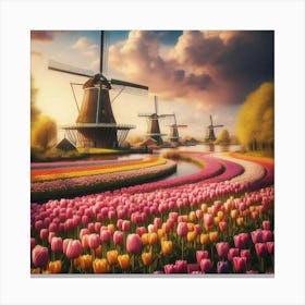 Amsterdam S Iconic Windmills Standing Tall Amidst Vibrant Tulip Fields, Style Dutch Golden Age 1 Canvas Print