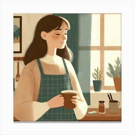 Woman Chill in the Kitchen Holding A Cup Of Coffee and Apron Canvas Print