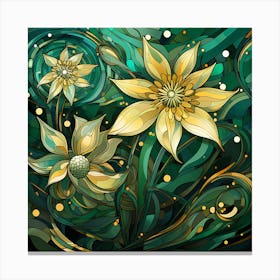 Abstract Gold Flowers On Green Background Canvas Print