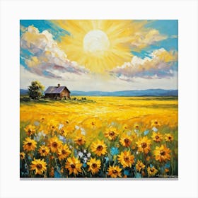 Sunflower Meadow Basking Under The Radiant Sun Which Casts Golden Beams Onto The Lush Green Carpet Canvas Print