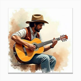 Spanish Musician Playing Guitar, Watercolor Strokes Capturing Music 1 Canvas Print