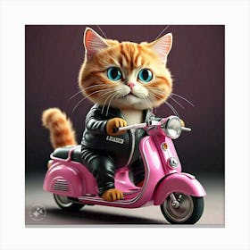 Ginger Cat Riding Pink Scooter 1 Canvas Print