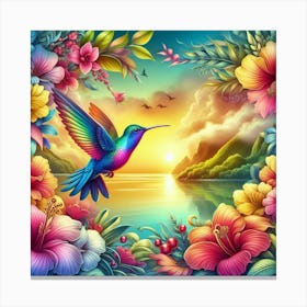 Hummingbird tropical flowers. Landscape a sunset in the sea Canvas Print