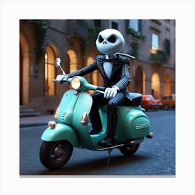Jack Skellington Driving A Mint Vespa In Rome In Halloween Canvas Print