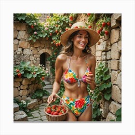 Beautiful Woman In Bikini Holding Basket Of Strawberries Canvas Print