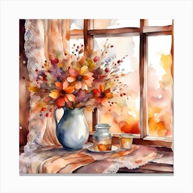 Watercolor Autumn Flowers On The Window Sill Canvas Print