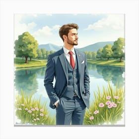 Lovely Man In Watercolor Suit, Serene Countryside Lake 1 Canvas Print