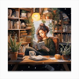 Girl Reading In Cosy Plant Bookshop Watercolour Illustration Canvas Print