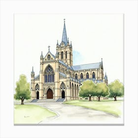 Watercolor Painting Of The Coventry Cathedral, Featuring Its Modern And Traditional Architectural Elements Canvas Print