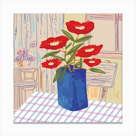 Red Flowers In A Blue Vase Mid Century Canvas Print