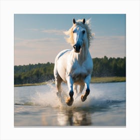 White Horse Running In The Water Canvas Print