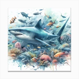 Sea Shark In Motion, Sea Shark Watercolour Art Print 2 Canvas Print