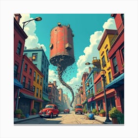 Titan Crushing Buildings In A Colorful, Chaotic City 1 Canvas Print