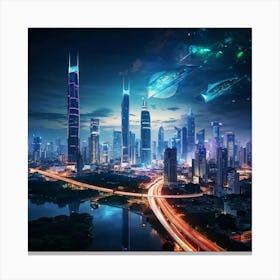 Bangkok Cityscape Set In A Futuristic Era Skyscrapers Ablaze With Neon Lights Merging Seamlessly W (4) Canvas Print