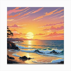 A Painting Of A Sunset With Seagulls Flying Above The Ocean (1) Canvas Print