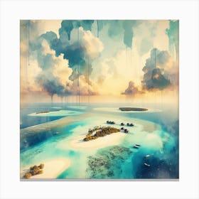 Ocean’s Embrace, An abstract piece in watercolors emphasizing on the circular embrace of the atoll around its central lagoon. This artwork would fit well in a dining room or a kitchen, where it can add some color and warmth to the space. Canvas Print