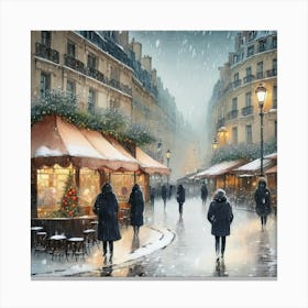 Paris cafes, winter season, Christmas, pale colors, pedestrians in the street, winter clothes, falling snow.14 Canvas Print