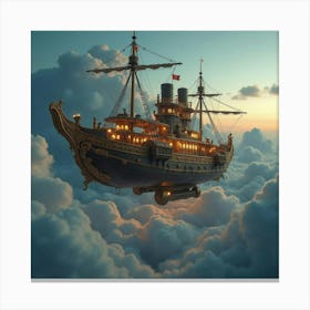 Steampunk Airship Navigating Through Clouds With Glowing, Intricate Designs 1 Canvas Print