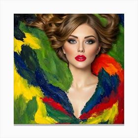 Beautiful Woman With Colorful Feathers Canvas Print