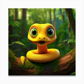 Firefly 3d, Animated, Surprised, Yellow, Baby Snake, Green Eyes, Knot, Tree Branch, Whimsical, Playf (2) Canvas Print