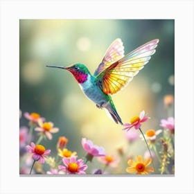 A Hummingbird With Wings Of Rainbow Flowers, Hovering In A Glowing Watercolor Meadow Canvas Print