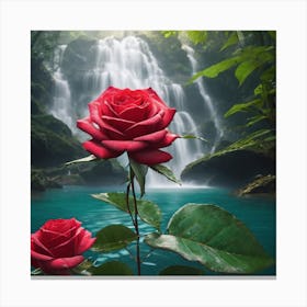 Red Rose with Waterfall Canvas Print