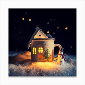 Firefly Cup, Cozy, Miniature, House, Illuminated, Windows, Snowy, Landscape, Snowman, Winter, Warmth (1) Canvas Print