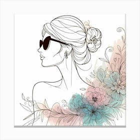 Beauty with Shades And Flowers - Pastell Color Line Drawing Canvas Print